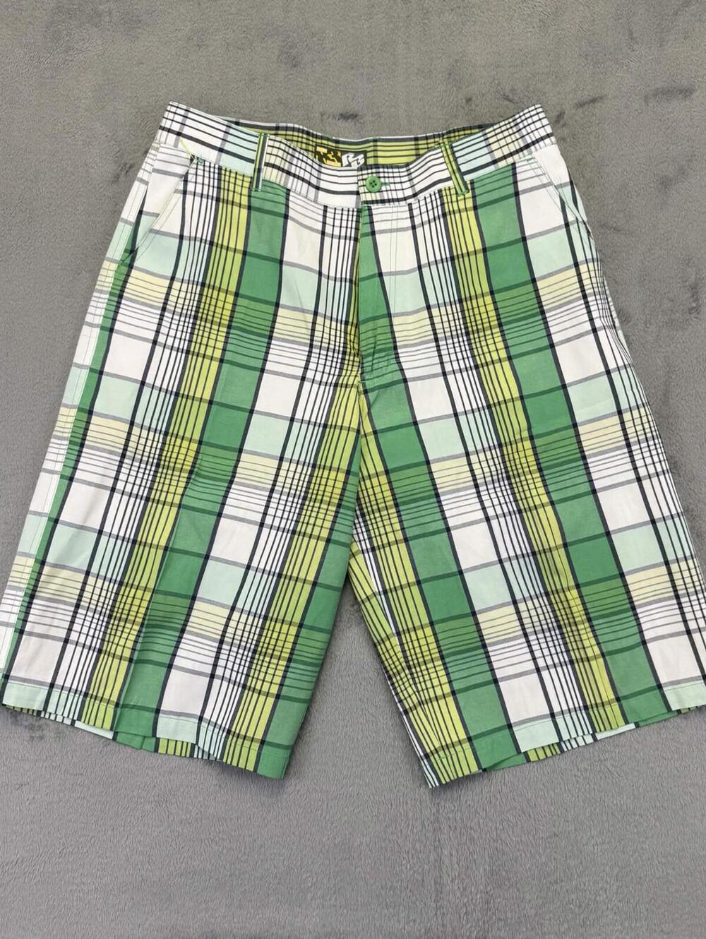 Raw Blue Men's Green & White Plaid Cargo Shorts